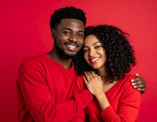 A smiling couple in red sweaters against a red backdrop