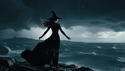 A silhouette of a witch standing on a rocky coastline with her arms outstretched, facing a stormy sea under a dark and ominous sky.