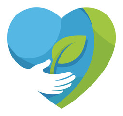 A hand vector icon holding a green leaf inside a blue heart, representing love for nature, eco-friendly living, and environmental care