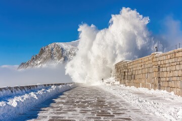 Snowy coastal path, powerful winter wave