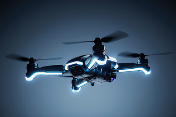Drone with Glowing Lights Hovering in Dark Background