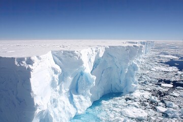 Ice cliff edge, vast white expanse, bright blue ice