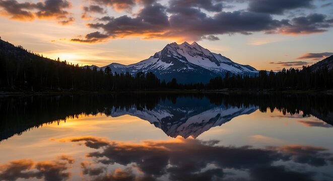 A serene mountain lake at sunrise, showcasing a symmetrical reflection of the majestic snow-capped peaks in the still water.