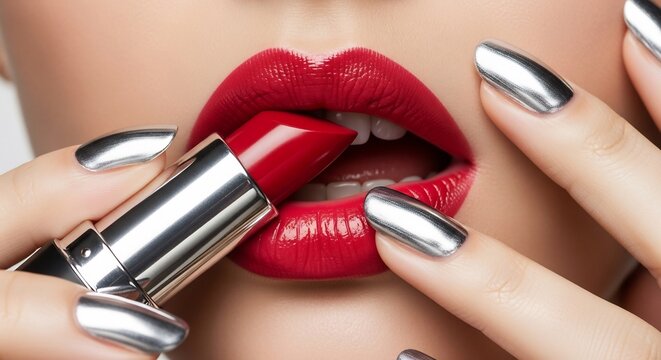 Red Lipstick Beauty Close-up Shot of Woman Applying Vibrant Matte Lipstick with Metallic Nails