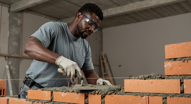 Focused bricklayer building an interior brick wall. Male construction worker using a trowel to apply mortar. Skilled labor and craftsmanship concept.