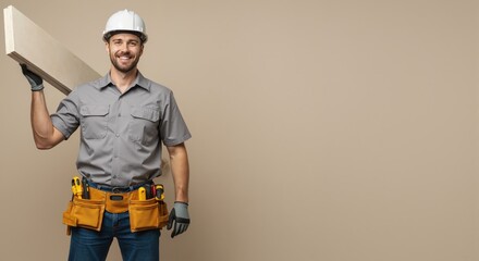 Smiling construction worker in a hard hat carrying wood planks. Professional carpenter with a tool belt against a beige background. Copy space for text.