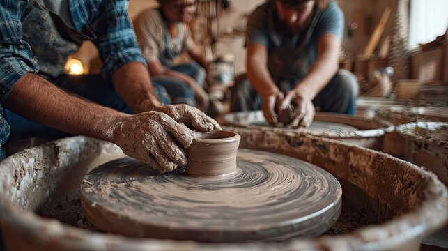 Two potters skillfully shape clay on wheels, showcasing the art of pottery in a creative workshop filled with tools and materials.