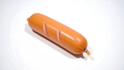 A single, pale orange sausage, encased in plastic, sits on a white background