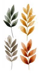 Obraz premium A vibrant watercolor illustration featuring various leaves in shades of green, gold, and brown, showcasing natural beauty and artistic expression.