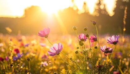Colorful flowers in a field at sunset