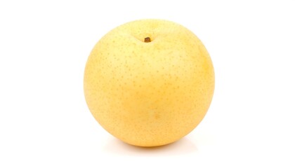 A single, ripe, yellow pear on white background
