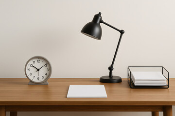 Minimalist Wooden Desk Setup with Clock, Lamp, and Paper Tray