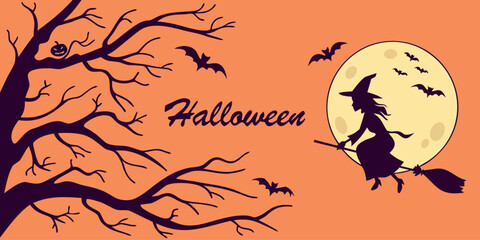 Halloween horizontal banner with vector logo. The inscription with ominous tree branches, bats and a pretty witch on a background of the full moon.