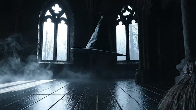 Mysterious dark room with fog and broom in front of gothic windows
