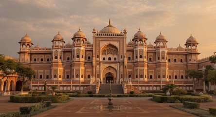 Obraz premium Grand Palace Architecture, Majestic Building Exterior, Sunrise Golden Hour, Ornate Design, Indian Architectural Style, Historical Landmark, Travel Destination, Palace Courtyard, Symmetrical Facad