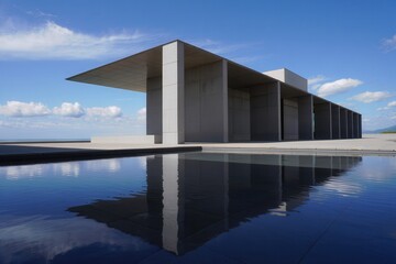 Modern concrete building with a reflective pool