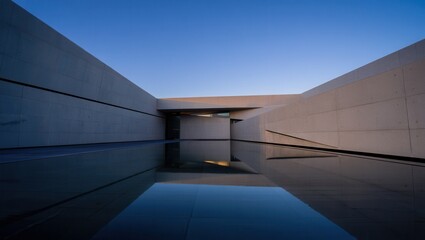 Minimalist building with a shallow pool