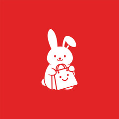 Cute white bunny holding a shopping bag on a red background illustration