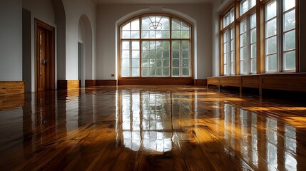 Modern interior with large window reflection on polished wooden flooring, smooth blank wall kept empty as clean background space, ideal for banner mockup, advertising layout, or product presentation.