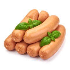 A stack of pale pink sausages garnished with fresh basil leaves