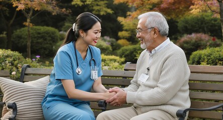Obraz premium Healthcare worker holding hands with senior patient outdoors on bench