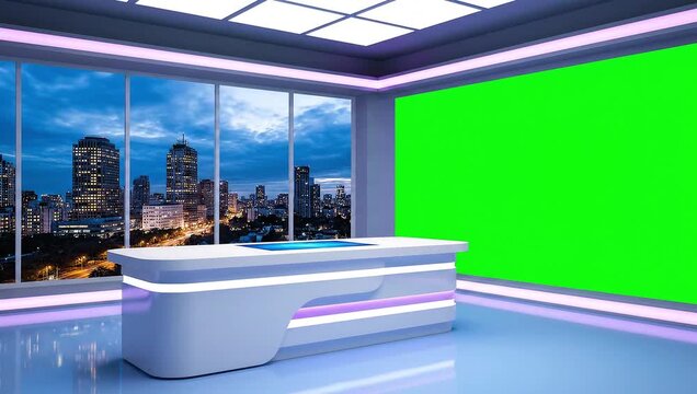 Modern TV studio with green screen and city skyline view at dusk