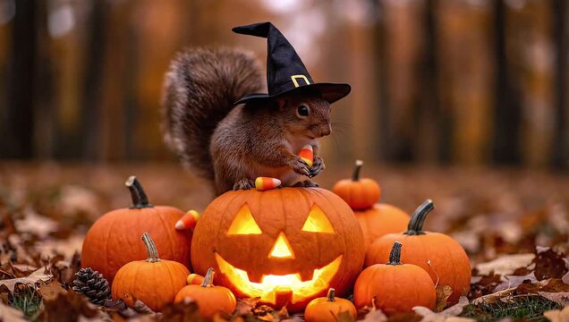 A squirrel wearing a witch hat sits on a pile of pumpkins with a jack-o-lantern in a forest with autumn leaves and warm tones.