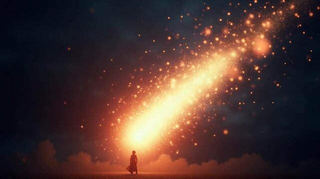 Particle explosion, Meteor shower with stars, Bokeh Particles. Animated rain of particles flying towards the meeting