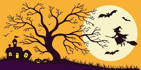 Halloween horizontal banner with vector logo. The inscription with ominous tree branches, bats and a pretty witch on a background of the full moon.