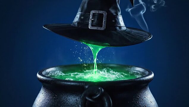 Close-up of a witch's hat pouring green liquid into a bubbling cauldron on a dark blue background with cinematic lighting.