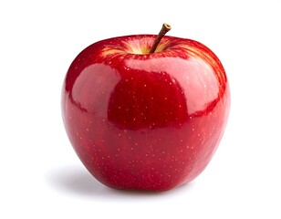 A vibrant, glossy red apple sits on a white background