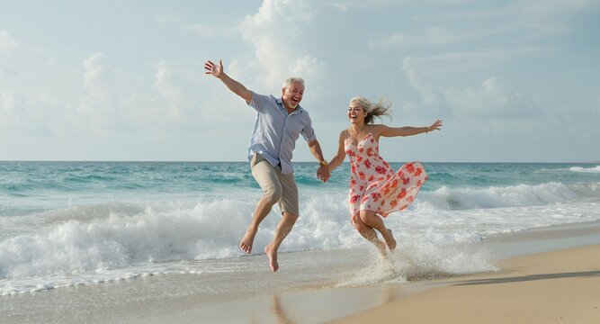 Joyful senior couple jumping on the beach, happy retirement, summer vacation, ocean waves, playful, active aging