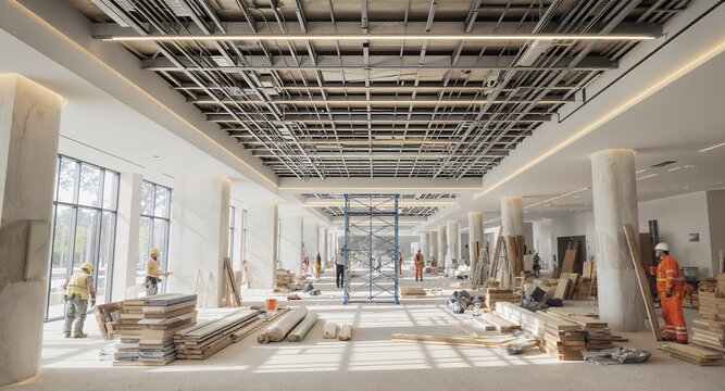 Large Commercial Building Interior Under Construction, Workers and Scaffolding, Exposed Pipes and Wiring