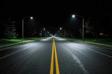 Empty road at night.  Illuminated by street lights