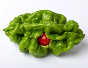 A vibrant green pepper, uniquely wrinkled, encloses a smaller, red pepper