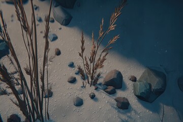 Dry grasses and stones on a light-gray surface