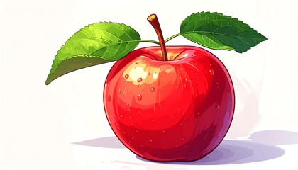A vibrant red apple with dew drops, two leaves, and a stem, sitting on a white background