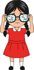 Obraz premium Sad Girl with Broken Glasses in Red Dress