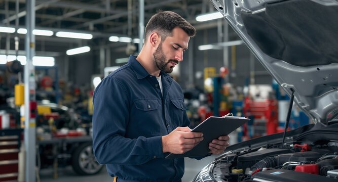 Mechanic inspecting vehicle engine, car repair, auto maintenance checklist