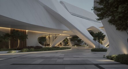 Fototapeta premium Modern Architectural Design Curved Concrete Structure with Landscaping and Lighting at Dusk
