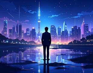 A solitary figure gazes at a vibrant night city reflected in a tranquil pool