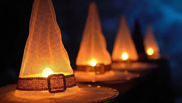 Close-up of glowing gnome lanterns in a row at dusk with warm tones.