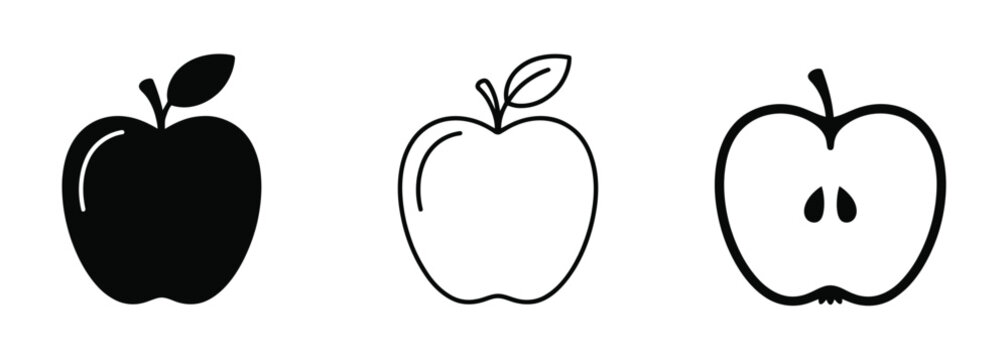 WebFresh apple icons in black and white showcase healthy eating and organic food concepts for educational materials and recipe designs, perfect for nutrition guides and culinary projects