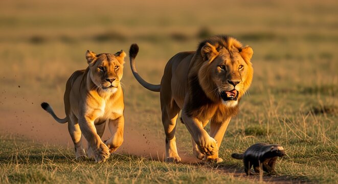 Lions hunting honey badger 02