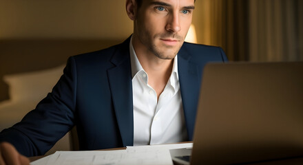 Confident businessman focused on laptop screen, working late in a dimly lit, elegant hotel room, embodying dedication and professional drive.