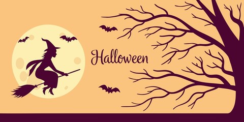Halloween horizontal banner with vector logo. The inscription with ominous tree branches, bats and a pretty witch on a background of the full moon.