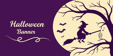 Halloween horizontal banner with vector logo. The inscription with ominous tree branches, bats and a pretty witch on a background of the full moon.