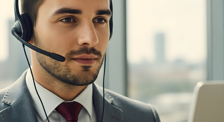Professional businessman wearing headset, ready to assist clients with expert service in a modern office environment, conveying efficiency and dedication