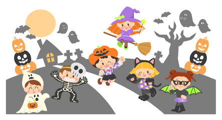 ハロウィン仮装をした子供たちのイラスト