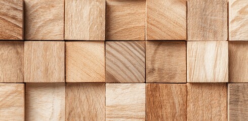 Close-up view of a wall panel of light brown wooden squares